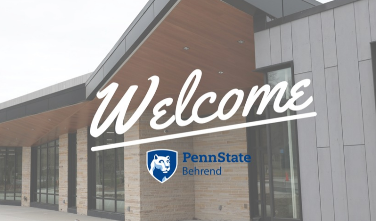 Photo of the Junker Center with the text 'Welcome' and the Penn State Behrend logo below